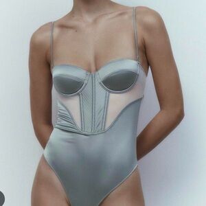 Zara Combination Tulle Bodysuit in Gray Green, size Large. Brand new with tags.